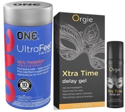 Набор из ONE UltraFeel 2-in-1 Pack 10 шт + Пролонгатор X-TRA TIME, 15 мл ORGIE SOS9248 фото