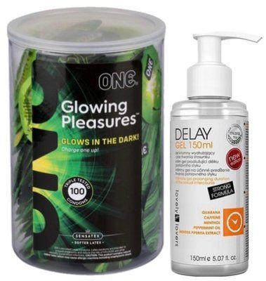 Набор из ONE Glowing Pleasures, 100 шт + Пролонгатор Lovely Lovers DELAY GEL 150ml SOS9549 фото