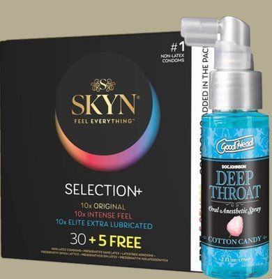 Комплект Skyn ​​Selection 30 шт + 5 из 5 Senses , 35 шт + Спрей Doc Johnson GoodHead Deep Throat Spray Cotton Candy 59 мл SOS5517 фото