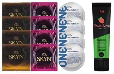 Набір: Смазка Intt Strawberry (100 мл) + 4 шт SKYN Passion дайкири + 4 шт SKYN CHERRY SUNRISE + 4 шт ONE Classic Select SOS10359 фото