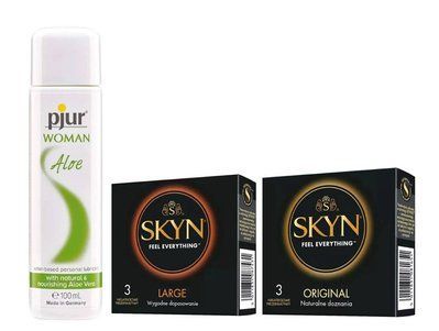 Набір: SKYN ORIGINAL &mdash; 3 шт, SKYN Large &mdash; 3 шт та Лубрикант Pjur Woman Aloe &mdash; 100 мл SOS905 фото