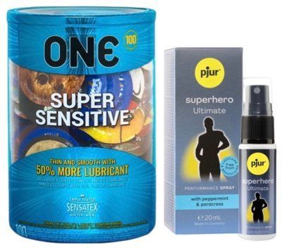 Набор из ONE Super Sensitive 100 шт + Пролонгатор pjur Superhero Ultimate Spray 20 мл SOS9499 фото