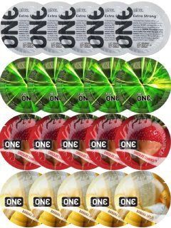 Набір з 20 шт ONE Extra strong + One Glowing Pleasures + ONE Chocolate Strawberry + ONE Banana Split SOS8199 фото