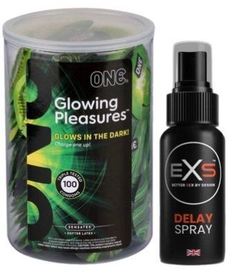 Набор из ONE Glowing Pleasures, 100 шт + Пролонгатор EXS DELAY SPRAY 50 МЛ SOS9550 фото
