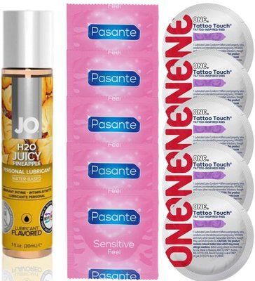 Набор 10 шт Pasante extra sensitive и ONE Tattoo Touch + System JO H2O &mdash; Juicy Pineapple (30 мл) SOS4894 фото