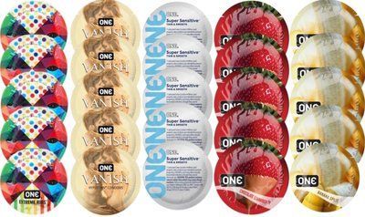 Набір з 25 шт One Extreme ribs + ONE 𝐕𝐀𝐍𝐈𝐒𝐇 + ONE Super Sensitive + ONE Chocolate Strawberry + ONE Banana Split SOS8249 фото