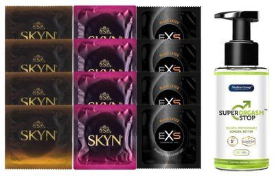 Комплект: Пролонгатор Super Orgasm Stop Гель (150 мл) + 8 шт. SKYN + 4 шт. EXS EXS Black Latex SOS10814 фото