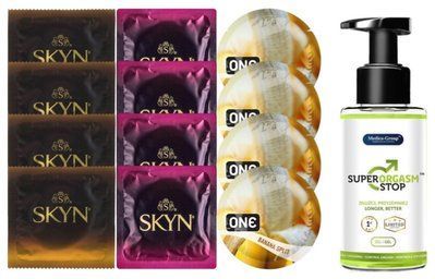 Комплект: Пролонгатор Super Orgasm Stop Гель (150 мл) + 8 шт. SKYN + 4 шт. ONE Banana SOS10764 фото