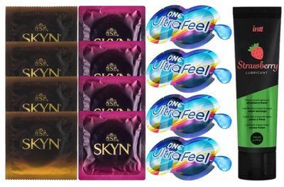 Набір: Смазка Intt Strawberry (100 мл) + 4 шт SKYN Passion daiquiri + 4 шт SKYN CHERRY SUNRISE + 4 шт 𝐎𝐍𝐄 𝐔𝐥𝐭𝐫𝐚𝐅𝐞𝐞𝐥 SOS10360 фото