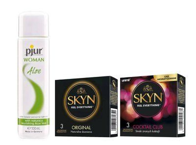 Набір: SKYN ORIGINAL &mdash; 3 шт, SKYN Cocktail Club &mdash; 3 шт та Лубрикант Pjur Woman Aloe &mdash; 100 мл SOS906 фото
