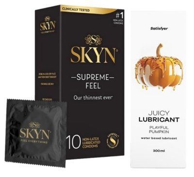 Комплект Лубрикант Satisfyer Juicy Playful Pumpkin 300 мл + Skyn Supreme Feel 10 шт SOS12871 фото