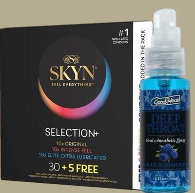 Комплект Skyn ​​Selection 30 шт + 5 из 5 Senses, 35 шт + Спрей Doc Johnson GoodHead Deep Throat Spray Blue Raspberry 59 мл SOS5518 фото
