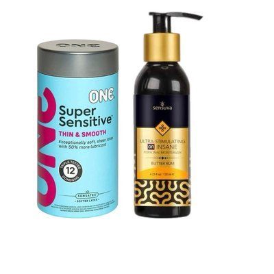 ONE Super Sensitive Pack 12 шт. +Возбуждающая смазка на гибридной основе Sensuva - Ultra-Stimulating On Insane Butter Rum (125 мл) SOS6528 фото