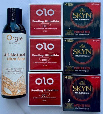 Набор 18 шт OLO возбуждающий 001 + Skyn ​​Intense Feel + Лубрикант ALL-NATURAL Ultra Slide 150 мл Orgie SOS3817 фото