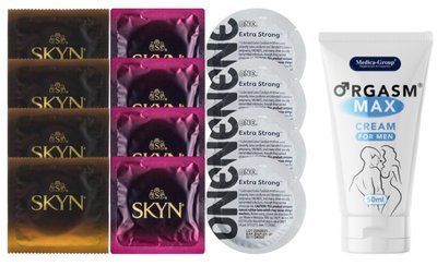 Комплект: Пролонгатор Medica-Group Orgasm Max 50 мл + 8 шт SKYN + 4 шт ONE Extra Strong SOS10978 фото