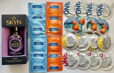 Набор 24 штук ONE Flavor Waves, Studs, Ribs, Classic - PASANTE Cooling, Warming + Лубрикант SKYN ALL NIGHT LONG, 80 мл SOS1466 фото