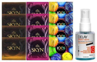 Комплект: Пролонгатор LOVELY LOVERS DELAY SPRAY 50 ML + 8 шт SKYN + 4 шт EXS Bubblegum SOS10829 фото