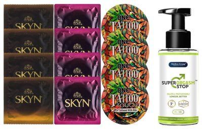 Комплект: Пролонгатор Super Orgasm Stop Гель (150 мл) + 8 шт. SKYN + 4 шт. ONE Tattoo SOS10779 фото