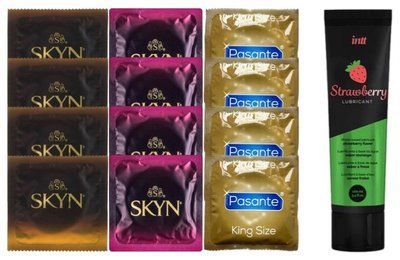 Набір: Смазка Intt Strawberry (100 мл) + 4 шт SKYN Passion дайкири + 4 шт SKYN CHERRY SUNRISE + 4 шт Pasante King Size SOS10375 фото