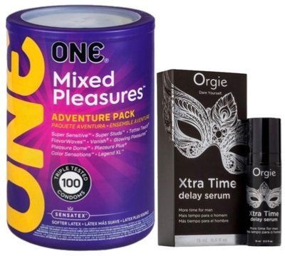 Набор из ONE Mixed Pleasures 100 шт + Пролонгатор Orgie Xtra Time Delay Serum, 15 мл SOS9465 фото