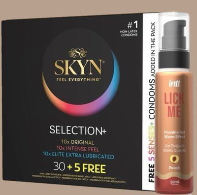 Комплект Skyn Selection 30 шт + 5 of 5 Senses , 35 шт + Гель INTT Lick Me Kissable Gel Peach 50 мл SOS5533 фото