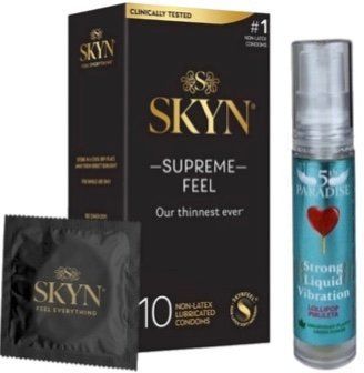 Набор из Skyn ​​Supreme Feel 10 шт + Жидкий вибратор 5th Paradise Liquid Vibrator &mdash; Леденец (10 мл) SOS10261 фото