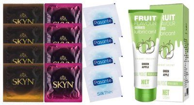 Комплект: Лубрикант OLO со вкусом яблока (120 мл) + 8 шт. SKYN + 4 шт. Pasante Silk SOS10715 фото
