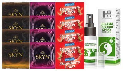 Комплект: Пролонгатор SHS Orgasm Control Spray 15 мл + 8 шт SKYN + 4 шт Pasante Strawberry SOS10915 фото