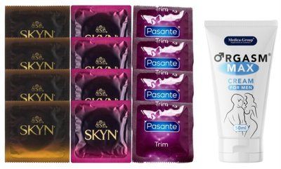 Комплект: Пролонгатор Medica-Group Orgasm Max 50 мл + 8 шт SKYN + 4 шт Pasante TRIM SOS10964 фото