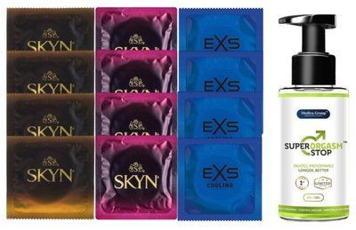 Комплект: Пролонгатор Super Orgasm Stop Гель (150 мл) + 8 шт. SKYN + 4 шт. EXS Cooling SOS10815 фото