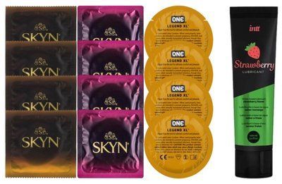 Набір: Смазка Intt Strawberry (100 мл) + 4 шт SKYN Passion дайкири + 4 шт SKYN CHERRY SUNRISE + 4 шт 𝐎𝐍𝐄 𝐋𝐞𝐠𝐞𝐧𝐝 𝐗𝐋 SOS10361 фото