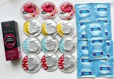 Набор 22 шт - ONE Super Studs, Super Sensitive, Flavor Waves, Extreme ribs - Pasante Cooling + Intt Deep Throat Oral Spray (12 мл) SOS1852 фото