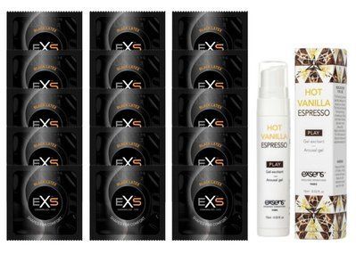 Комплект EXS Black Latex 15 шт +EXSENS Kissable Hot Vanilla Espresso стимулюючий гель для клітора, 15 мл SOS14671 фото