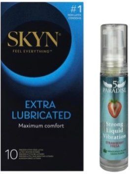 Набор из SKYN Extra Lube (10 шт) + Жидкий вибратор 5th Paradise Liquid Vibrator &mdash; Клубника (10 мл) SOS10162 фото