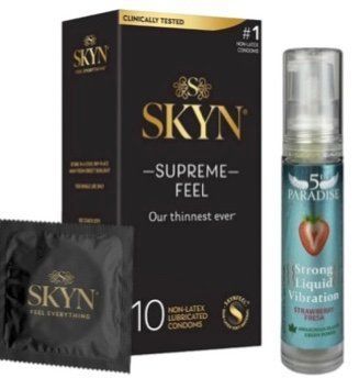 Набор из Skyn ​​Supreme Feel 10 шт + Жидкий вибратор 5th Paradise Liquid Vibrator &mdash; Клубника (10 мл) SOS10262 фото