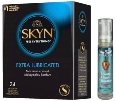 Набор из SKYN Extra Lube (24 шт) + Жидкий вибратор 5th Paradise Liquid Vibrator &mdash; Клубника (10 мл) SOS10062 фото