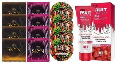 Комплект: Лубрикант OLO со вкусом клубники (120 мл) + 8 шт. SKYN + 4 шт. ONE Tattoo Touch SOS10616 фото