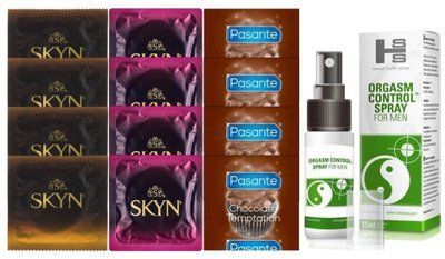Комплект: Пролонгатор SHS Orgasm Control Spray 15 мл + 8 шт SKYN + 4 шт Pasante Chocolate SOS10916 фото