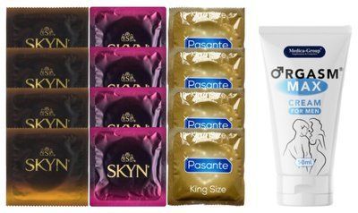 Комплект: Пролонгатор Medica-Group Orgasm Max 50 мл + 8 шт SKYN + 4 шт Pasante King Size SOS10965 фото