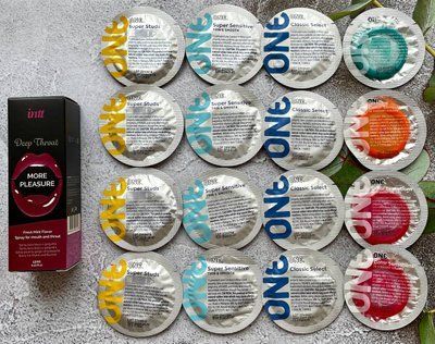 Набір з 16 шт ONE Super Studs, Super Sensitive, Classic, Color Sensations + Спрей Intt Deep Throat Oral Spray (12 мл) SOS2404 фото