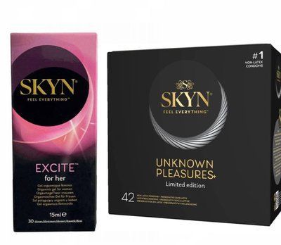 Набір : SKYN Excite Orgasmic Gel for Her 15 мл (стимулюючий гель) та SKYN Unknown Pleasures+ &ndash; 42 шт SOS658 фото
