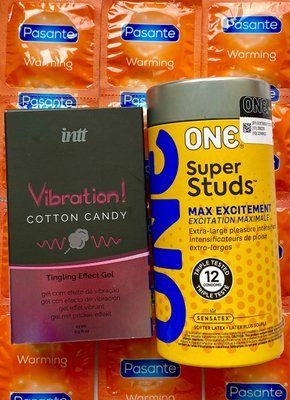 Комплект 24 шт ONE Super Studs + Pasante Warming + Жидкий вибратор Intt Vibration Cotton Candy (15 мл) SOS1554 фото