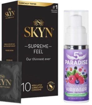 Набор из Skyn ​​Supreme Feel 10 шт. + Жидкий вибратор 5th Paradise Liquid Vibrator &mdash; Красные ягоды (30 мл) SOS10263 фото