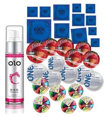 Комплект 30 шт One Extreme Ribs, Classic, Flavor Waves и EXS Cooling - Лубрикант согревающий OLO (60 мл) SOS3405 фото