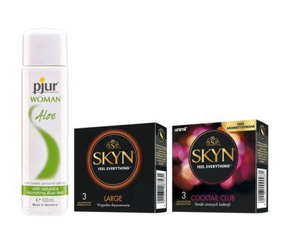 Набір: SKYN Large &mdash; 3 шт, SKYN Cocktail Club &mdash; 3 шт та Лубрикант Pjur Woman Aloe &mdash; 100 мл SOS909 фото