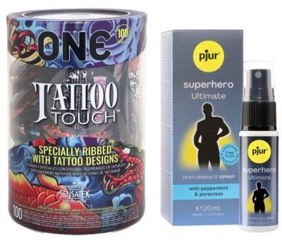 Набор из ONE Tattoo Touch, 100 шт + Пролонгатор pjur Superhero Ultimate Spray 20 мл SOS9153 фото