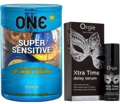 Набор из ONE Super Sensitive 100 шт + Пролонгатор Orgie Xtra Time Delay Serum, 15 мл SOS9503 фото