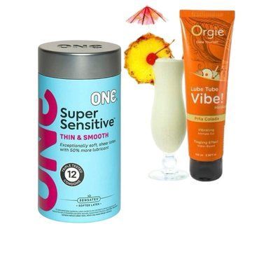 ONE Super Sensitive Pack 12 шт. + Возбуждающий съедобный лубрикант с эффектом вибрации коктейль ПИНА КОЛАДА, 100 мл Orgie SOS6531 фото
