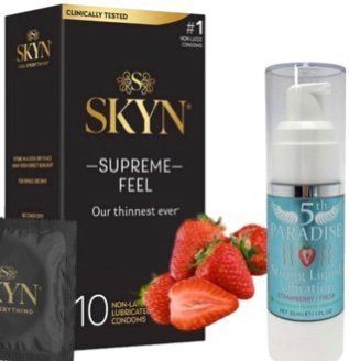 Набор из Skyn ​​Supreme Feel 10 шт + Жидкий вибратор 5th Paradise Liquid Vibrator &mdash; Клубника (30 мл) SOS10264 фото