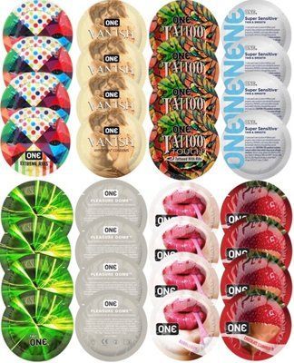 Набор с 32 шт ONE Ribs + ONE Vanish + ONE Tattoo + ONE Sensitive + ONE Glowing + ONE Dome + ONE Bubblegum + ONE Chocolate Strawberry SOS8303 фото